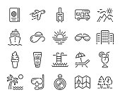 Set of summer vacation, travel or tourism outline icons isolated on white background. Vector illustration.