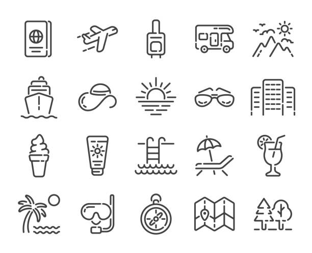 Set of summer vacation, travel or tourism outline icons. Vector illustration. Set of summer vacation, travel or tourism outline icons isolated on white background. Vector illustration. travel symbols stock illustrations
