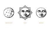 Set of Sun, Moon and crescent, hand drawn in engraving style.Vector graphic retro illustrations.