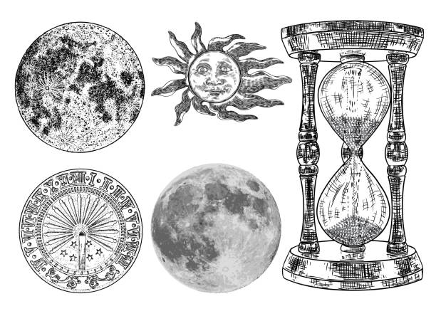 Set of sundial, sun clock, hourglass or sand clock and realistic moon with sun engraving. Hand drawn and isolated. Vector Set of sundial, sun clock, hourglass or sand clock and realistic moon with sun engraving. Hand drawn and isolated. Vector full moon illustrations stock illustrations