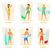 Vector illustration of cartoon women and guys in swimwear. Concept of summer vacation on the sea.