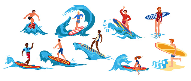 Collection set of surfboarders riding on waves, surfer men and women with surfboards in different poses. Colorful raster isolated icons set on white background.