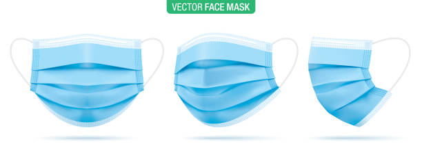Set of surgical face masks vector illustration. Surgical face mask, vector illustration. Blue medical protective masks, from different angles isolated on white. Corona virus protection mask with ear loop, in a front, three-quarters, and side views. masks stock illustrations