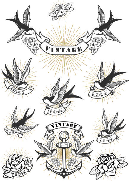 stockillustraties, clipart, cartoons en iconen met set van zwaluw tattoo. vintage anker en rozen. ontwerpelement voor label, embleem, teken. vectorillustratie - tattoo