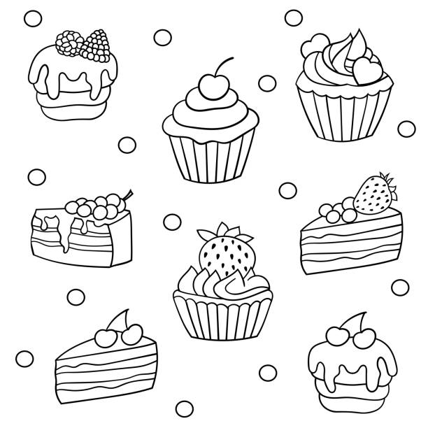 Set of sweet cakes, coloring page Vector set of sweet cakes with berries, coloring page for children and adults cupcakes coloring pages stock illustrations