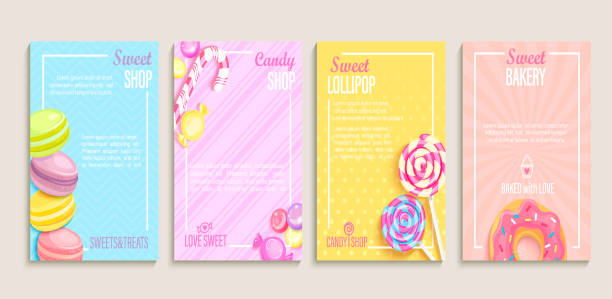 Set of sweet, candy, bakery shops flyers. Set of sweet, candy and bakery shops flyers,banners.Collection of pages for kids menu,caffee,posters.Pastry,macaroons and donuts, lollipop shop cards, cafeteris advertise.Template vector illustration. candy drawings stock illustrations