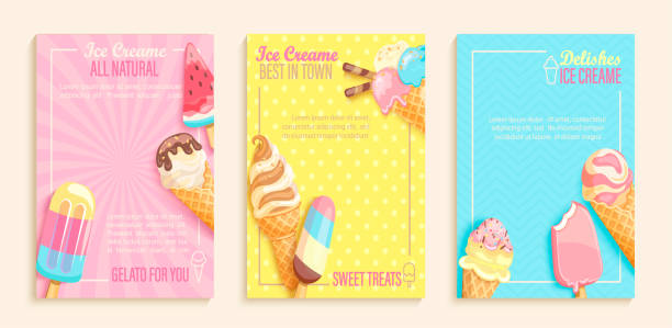 Set of sweet ice cream shops flyers Set of sweet ice cream shops flyers,banners on vintage background.Collection of pages for kids menu,caffee,posters. cards, cafeteris advertise.Template vector illustration. ice cream stock illustrations