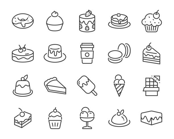 stockillustraties, clipart, cartoons en iconen met set van zoete pictogrammen, zoals koffie, taart, dessert, chocolade pudding, pannenkoeken, bakkerij - brownie