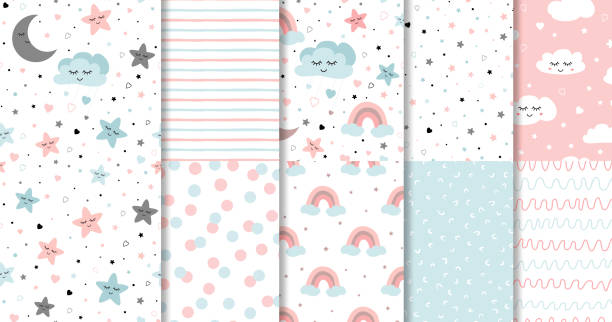 Set of sweet pink seamless pattern Sleeping cloud moon stars background collection Baby girl fabric design vector Set of sweet pink seamless patterns Sleepy moon smiling clouds stars rainbow blue pink background collection Vector illustration Hand drawn Polka dot design Stripes lines Childish style print Swatch. baby shower stock illustrations