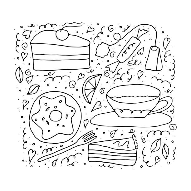 Set of sweets and cakes. Tea time concept on a white background. Coloring book in cartoon doodle style Set of sweets and cakes. Tea time concept on a white background. Coloring book in cartoon doodle style cupcakes coloring pages stock illustrations