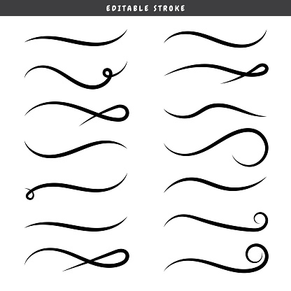 Set of swirling lines and calligraphic elements. Vector flat illustrations. Doodled dividers. Decorative black elements for calligraphic design.