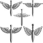 Set of swords with wings. Design elements for label, emblem, sign. Vector illustration