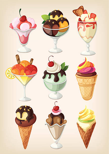 Set of tasty ice cream desserts Set of colorful tasty isolated ice cream. EPS10.  ice cream sundae stock illustrations