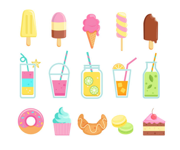 Set of tasty sweet summer drinks and food icons. Set of tasty sweet summer drinks and food icons.Ice cream with different tasties,lemonade,detox,smoothie,snacks-donut, macaroon,cupcake,bagel,cake.Set icons for advertise.Vector for web,design,print. cocktail clipart stock illustrations
