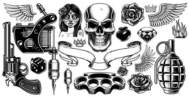 Set of tattoo art Set of tattoo art. Black and white tattoo design elements, isolated on white background. skulls tattoos stock illustrations