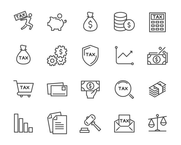 zestaw ikon linii wektorowych podatków, takich jak poczta, płatność, pieniądze, - taxes stock illustrations