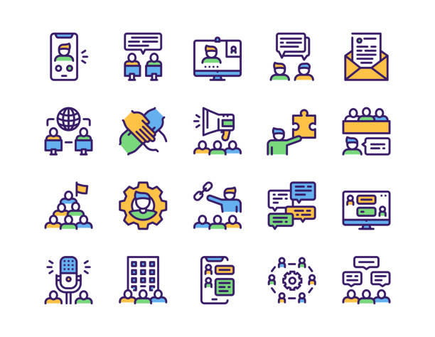 Set of teamwork related vector linear Icons. Communication concept. vector art illustration