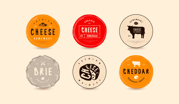 Set of template labels for cheese Set of template labels for cheese. Labels for camembert, cheddar and other cheeses brie stock illustrations