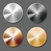 Set of round templates of metal button with gold, aluminum, steel and bronze metal texture isolated on gray background