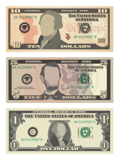 Set of ten dollars, five dollars and one dollar bills from obverse. 10, 5 and 1 US dollars banknotes. Business, banking and success concept. Vector illustration of USD isolated on white background Set of ten dollars, five dollars and one dollar bills from obverse. 10, 5 and 1 US dollars banknotes. Business, banking and success concept. Vector illustration of USD isolated on white background federal reserve stock illustrations