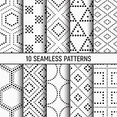 Set of ten monochrome seamless patterns. Abstract geometrical trendy vector backgrounds. Fashion design. Modern stylish textures with dotted rhombuses, squares, triangles, circles, hexagons.