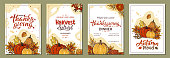 Set of Thanksgiving greeting cards and invitations with pumpkins, leaves, handwritten lettering. Vector illustration for a Thanksgiving dinner, harvest festival. Template for poster, banner, cards
