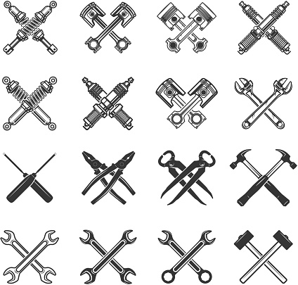 Set of the crossed tools and car parts. Design elements for label, emblem, sign, badge. Vector illustration