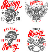 Set of the racer emblems. Crossed pistons, gorilla biker, motorcycle, biker skeleton. Design element for label, sign, emblem, poster, t shirt. Vector illustration