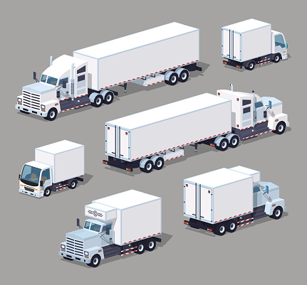Set of the white low poly trucks
