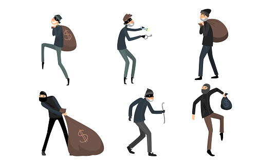Collection set of thieves in masks and black suits in different action situations. Burglars at work concept. Isolated icons set illustration on a white background in cartoon style.