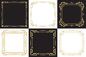 A set of thin decorative frames isolated on a black and white background. An elegant element of design with the place for the text. Production of invitations, menu, cafe and boutiques. Vector.