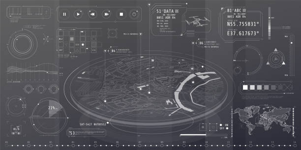 A set of thin elements on the topic of Geo-Position. Poster with a set of futuristic HUD elements on the theme Geo-Position. drone patterns stock illustrations