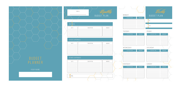 Set of three a planner memos for keeping track of expenses and budgeting. Personal monthly and weekly budget planner in a4 format. Finance, income and expenses. Ready to print.