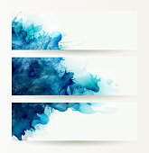 set of three banners, abstract headers with blue deliquescent blots