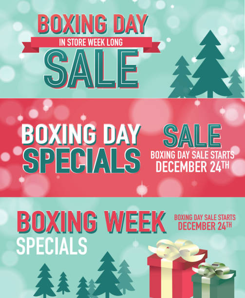 Set of three Boxing Day Sale advertisement banner designs and bokeh background template. Royalty free Vector illustration of a Red Boxing day event text design with bokeh background and trees. Green and bright red color themes. Green teal bokeh background with red and green text and ribbon and gift boxes. Fully editable and  easy to edit vector illustration layers. Includes sample text design and shadow below.