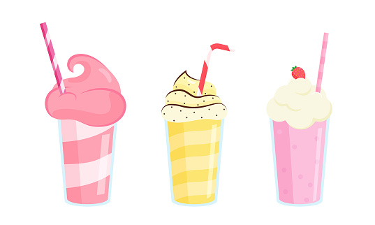 Set of three colorful milkshakes in glasses with tubes made with different ingredients. Vector illustration in flat cartoon style