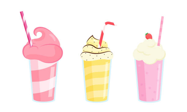 bildbanksillustrationer, clip art samt tecknat material och ikoner med set med tre färgglada milkshakes i glas med rör gjorda med olika ingredienser. vektorillustration i platt tecknad stil - smoothie