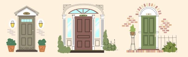 レトロなスタイルの3つの入り口ドアのセット。レンガの壁。家の外観。家への入り口。ハーブのポット。カラーベクトルイラスト、手描き、ベージュの背景に分離 - 玄関のドア点のイラスト素材／クリップアート素材／マンガ素材／アイコン素材
