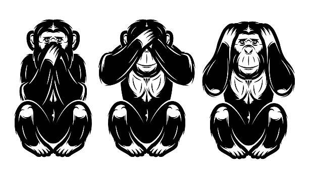 세 개의 원숭이-들리지, 참조 번호, 명령을말하세요 - 동물 세 마리 stock illustrations