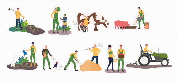 ilustrações, clipart, desenhos animados e ícones de jogo de atividades de cultivo do tempo - farmer