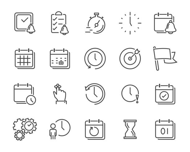 set of time relation vector line icon, such as calendar, reminder, day, year, event set of time relation vector line icon, such as calendar, reminder, day, year, event annual event stock illustrations