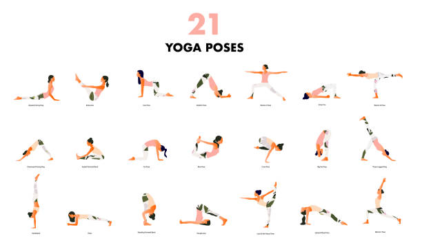 set von tiny frauen durchführung yoga posen. frauen praktizieren asana - yoga poses stock-grafiken, -clipart, -cartoons und -symbole