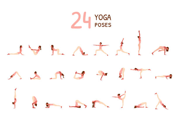 set von winzigen frauen, die yoga-posen. frauen praktizieren asana - yoga poses stock-grafiken, -clipart, -cartoons und -symbole