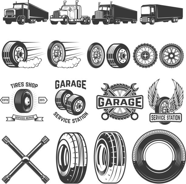 타이어 서비스 디자인 요소의 설정 합니다. 트럭 삽화, 바퀴입니다. 레이블, 상징, 기호에 대 한 디자인 요소입니다. 벡터 일러스트 레이 션 - 세미 트럭 stock illustrations