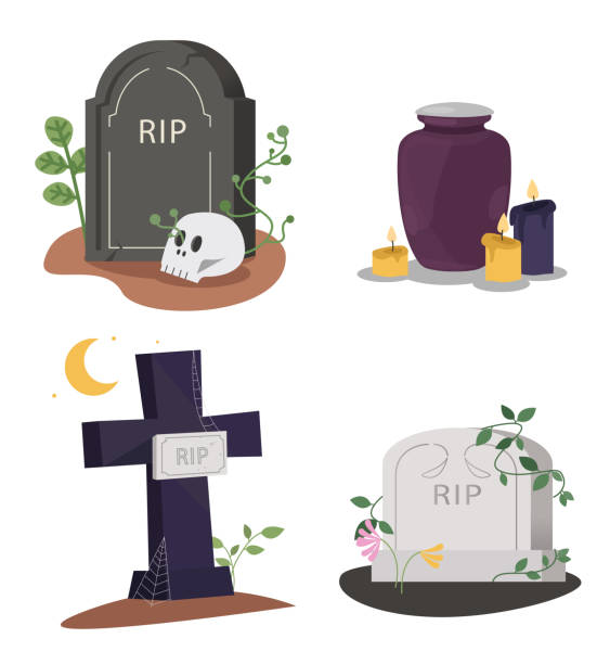 Set of tombstones on the grave. Collection of monument shape with rip text and funeral urn. Vector illustration on a white background. Set of tombstones on the grave. 
Old, abandoned, well-groomed grave and urn with ashes funerary urn stock illustrations
