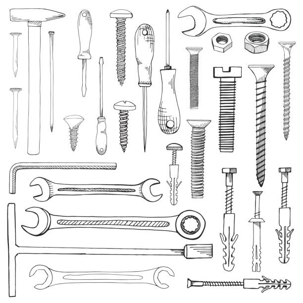 Set of tools, hardware. Different fastener isolated on white background. Hand drawn vector illustration of a sketch style. Set of tools, hardware. Different fastener isolated on white background. Hand drawn vector illustration of a sketch style. mechanic drawings stock illustrations