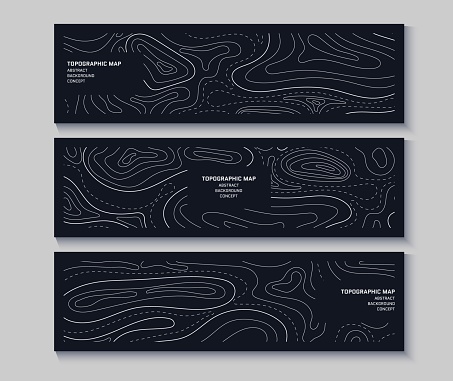 Set of topography flyers. Outline cartography landscape. Collection of three banners with topography relief map. Modern cover design with wavy lines. Vector illustration with weather outline pattern