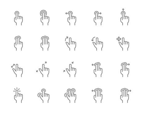 Set of touch screen gestures line icon. Hand click, finger multi touch, cursor pointer and more. Isolated on white background