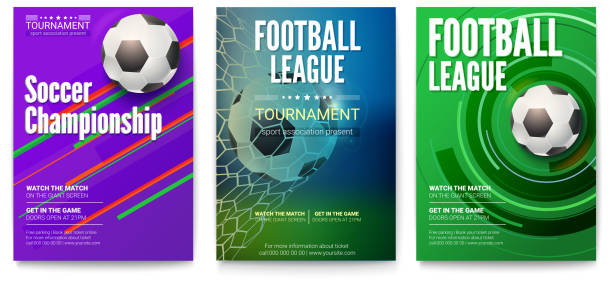 Set of tournament posters of football or soccer league. Design of banners for sport events. Template of advertising for world championship of soccer or football, 3D illustration Set of tournament posters of football or soccer league. Design of banners for sport events. Template of advertising for world championship of soccer or football, 3D illustration. soccer drawings stock illustrations