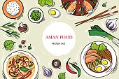 Set of traditional Asian dishes - rice, ramen, spicy shrimp soup, mussels. Delicious national Korean and Thai food - noodles with meat, eggs, herbs, shiitake mushrooms, baked oysters, perilla leaves